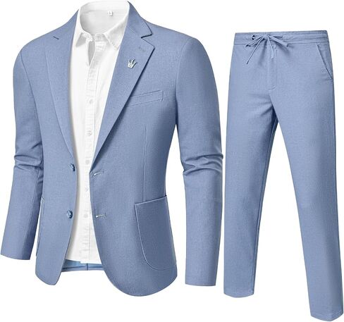 YND Men's 2 Pieces Linen Suit Regular Fit, Two Buttons Lightweight Jacket and Pants for Beach Wedding, Casual, or Summer Time in Saudi Arabia