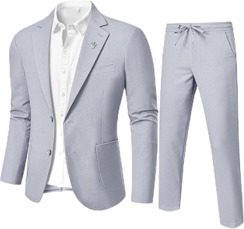 YND Men's 2 Pieces Linen Suit Regular Fit, Two Buttons Lightweight Jacket and Pants for Beach Wedding, Casual, or Summer Time in Saudi Arabia