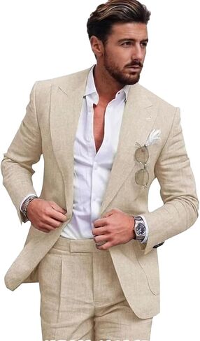 Mens Beige Linen Suit for Beach Slim Fit 2 Piece Wedding Tuxedo for Men Casual Linen Suit Prom Party Suit 40/34 in Saudi Arabia