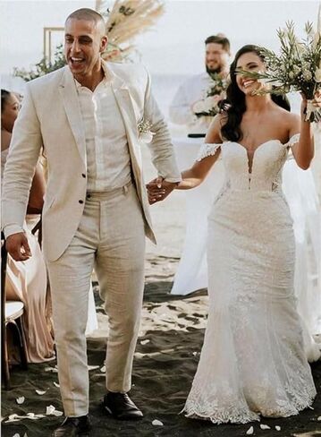 Mens Beige Linen Suit for Beach Slim Fit 2 Piece Wedding Tuxedo for Men Casual Linen Suit Prom Party Suit 40/34 in Saudi Arabia