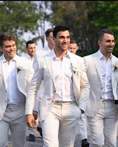 Mens Beige Linen Suit for Beach Slim Fit 2 Piece Wedding Tuxedo for Men Casual Linen Suit Prom Party Suit 40/34 in Saudi Arabia