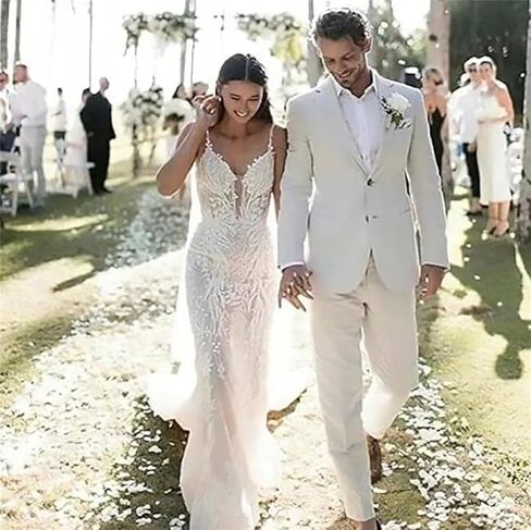 Mens Beige Linen Suit for Beach Slim Fit 2 Piece Wedding Tuxedo for Men Casual Linen Suit Prom Party Suit 40/34 in Saudi Arabia