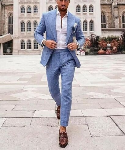 Mens Beige Linen Suit for Beach Slim Fit 2 Piece Wedding Tuxedo for Men Casual Linen Suit Prom Party Suit 40/34 in Saudi Arabia
