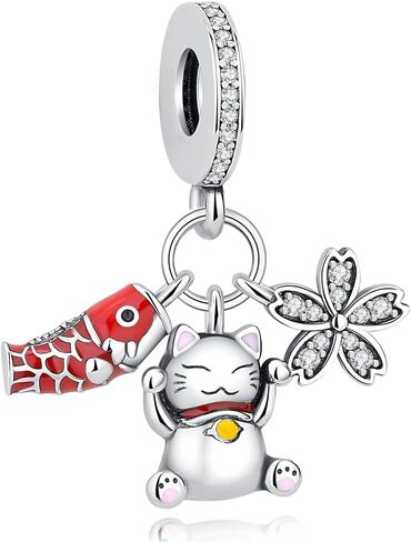 Nbsameng S925 Sterling Silver Charms Bead Compatible for Pandora Bracelets and Necklaces, DIY Jewelry for Women, Lucky Cat & Carp Flag & Cherry Blossom in Saudi Arabia