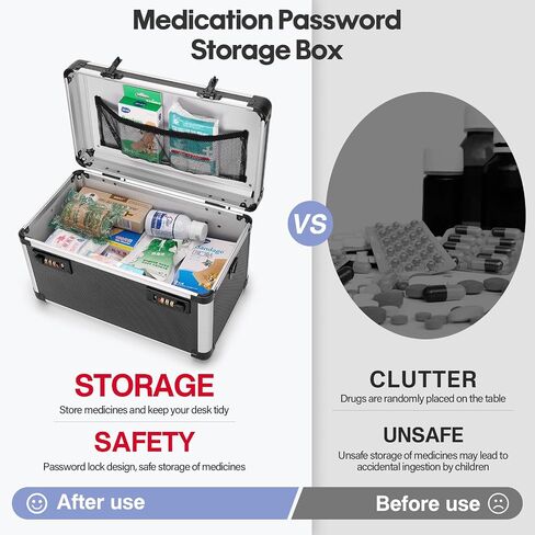 Lock Box for Medication - 13.4 x 7.6 x 8.2 Inch Medicine Organizer Case with Combination Lock, First Aid Kit Empty, Lockbox with Code, Portable Storage Box for Home School, Tactical Black in Saudi Arabia