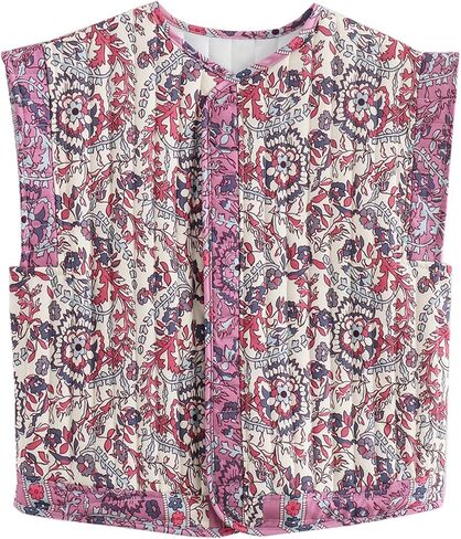 سترة نسائية منتفخة مبطنة بالزهور من Wyeysyt مطبوعة خفيفة الوزن بدون أكمام مبطنة ملابس خارجية (05Purple-L)، مقاس كبير in Kuwait