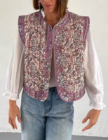 سترة نسائية منتفخة مبطنة بالزهور من Wyeysyt مطبوعة خفيفة الوزن بدون أكمام مبطنة ملابس خارجية (05Purple-L)، مقاس كبير in Kuwait