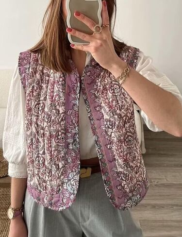 سترة نسائية منتفخة مبطنة بالزهور من Wyeysyt مطبوعة خفيفة الوزن بدون أكمام مبطنة ملابس خارجية (05Purple-L)، مقاس كبير in Kuwait