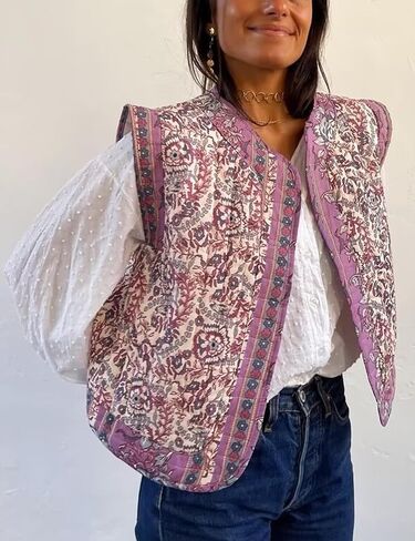 سترة نسائية منتفخة مبطنة بالزهور من Wyeysyt مطبوعة خفيفة الوزن بدون أكمام مبطنة ملابس خارجية (05Purple-L)، مقاس كبير in Kuwait