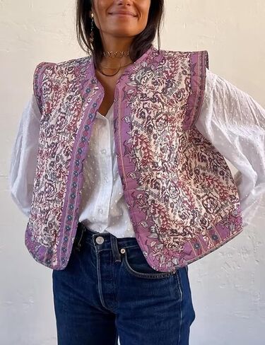 سترة نسائية منتفخة مبطنة بالزهور من Wyeysyt مطبوعة خفيفة الوزن بدون أكمام مبطنة ملابس خارجية (05Purple-L)، مقاس كبير in Kuwait