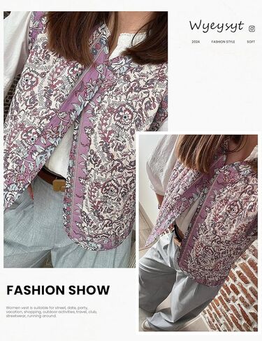سترة نسائية منتفخة مبطنة بالزهور من Wyeysyt مطبوعة خفيفة الوزن بدون أكمام مبطنة ملابس خارجية (05Purple-L)، مقاس كبير in Kuwait