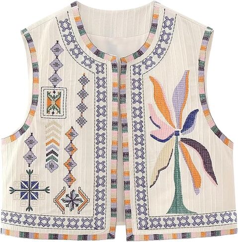 Yimoon Women's Vintage Floral Embroidered Vest Boho Casual Open Front Sleeveless Cardigan Waistcoat in Saudi Arabia