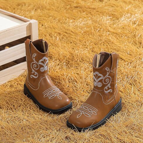 kkdom Cowboy Boots Cowgirl Boots for Toddler Little Boys Girls Kids Western Boots Square Toe Mid Calf Riding Boots in Kuwait