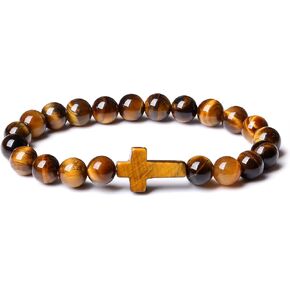 DUQGUHO Cross Bracelet for Women Tiger Eye Bracelet for Women Natural Healing Crystal Bracelet 8mm Brown Crystal Bracelet Religious Christian Bracelet Stretch Christian Gifts for Women Men