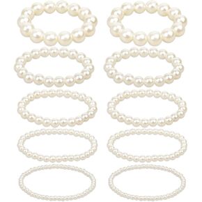 10 Pack White Pearl Bracelets Faux Pearl Bracelet for Women Bridal Elastic Stackable Pearl Bracelet Set Stretch Fake Pearls Bead Bracelets Wedding for Party Bridesmaid Gifts