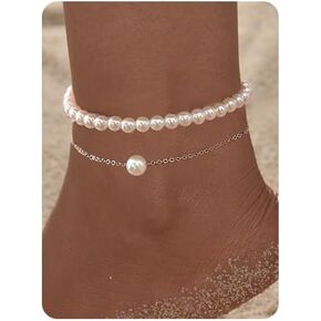 Pearl Anklets for Women Men 2pcs Silver Pearl Beach Cute Ankle Bracelets Charm Beach Beachy Bangle Womens Anklets Jewelry