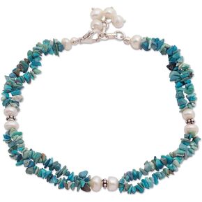 NOVICA Artisan Handmade Cultured Pearl Calcite Beaded Strand Anklet from India Sterling Silver Freshwater Birthstone [9.25 in min L x 9.75 in max L x 0.4 in W] ' Nautical Song'