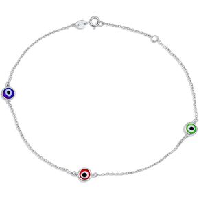 Protection Amulet Minimalist Delicate Double Row Aqua Blue Multi Color Evil Eye Anklet Ankle Bracelet For Women Teen .925 Sterling Silver 8.5-9.5 Inch Adjustable
