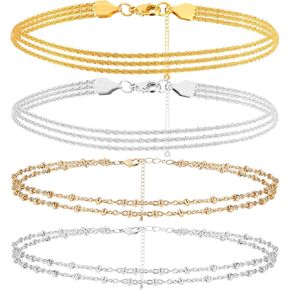 4Pcs Gold/Silver Ankle Bracelets for Women, Dainty Layered Anklet for Women, Layered Anklet Bracelets for Women Stackable Figaro Beaded Anklets Jewelry Gift for Women