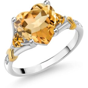 Gem Stone King 925 Silver and 10K Yellow Gold Yellow Citrine and White Diamond Engagement Ring For Women | 3.55 Cttw | Heart Shape 10MM | Gemstone November Birthstone | Available in Size 5,6,7,8,9