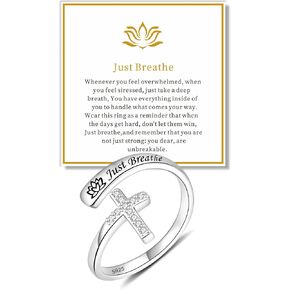 Just Breathe Ring - Sterling Silver Adjustable Cross Ring, Inspirational Jewelry for Women - Hypoallergenic and Thoughtful Gift for Wellness & Faith