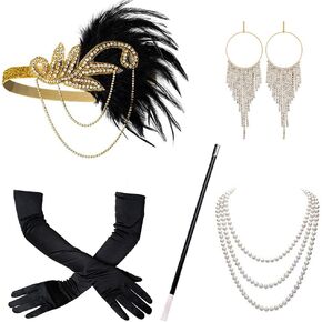 1920s Flapper Accessories Set for Women, Roaring 20s Great Gatsby feather Headband Accessories for Weeding Bride Gold