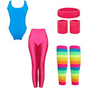 Heliltd Women 80s Workout Costume Neon Aerobics Outfit Exercise Leotards for Women 80s 90s Workout Costume Set for Halloween Cosplay Party Yoga Running