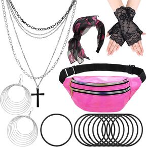 15 Pcs 80s Accessories for Women Fancy Costume Set Bow Headband Gloves Earrings Necklace Bracelet Fanny Pack Party