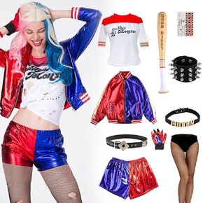 10PCS Halloween Harlry Costumes Cosplay Set for Quinn Women T-shirt Jacket Shorts Puddin Choker Bracelet Set