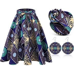 Coume 3 Pcs Women African Dashiki Skirt Traditional Costume African Bohemian Head Wrap Scarf Drop Dangle Earring