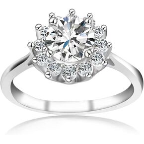 1ct Moissanite Sunflower Engagement Rings for Women, D Color VVS1 Clarity Round Cut Moissanite Ring in Sterling Silver plated with 18K White Gold Wedding Anniversary Birthday Promise Ring for her with Certificate of Authenticity