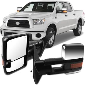 OCPTY Tow Mirrors Power Heated Left Driver Right Passenger Side Towing Mirrors Fit For 2007-2017 For Toyota For Tundra Pickup Truck With Turn Signal Parallel Auxiliary Light With Chrome Housing