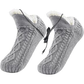 PURFUN Electric Heated Fleece Socks Slippers for Men Women, Winter USB Heating Pad Knitted Socks Foot Heater Anti-Slip Thermal Home Indoor Slippers Footwear Foot Warmer