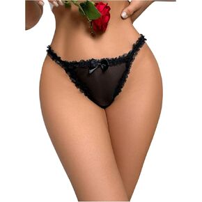 Verdusa Women's Bow Ruffled Lace Trim High Cut Thong Underwear Panties