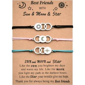 Best Friend Bracelets for 3 Colorful Friendship Bracelets Gifts for Women Cute Bestie Birthday Gifts for Her Sun Moon and Star Bracelet Set of 3 Long Distance Best Friends Bracelet Gift Ideas