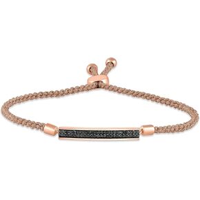 Jewelili 10K Rose Gold 1/4 Cttw Natural Black Round Diamond Bolo Bracelet, 11"