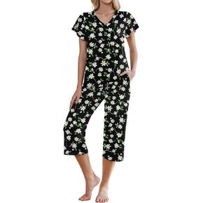 Ekouaer Womens Pajamas Set Ruffle Short Sleeve Top and Capri Pants Pjs Soft Sleepwear 2 Piece Lounge Set S-XXL