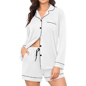 SWOMOG Womens Pajama Sets Long Sleeve and Shorts Pajamas Button Down Pjs 2 PCS Sleepwear Lounge Set with Pockets