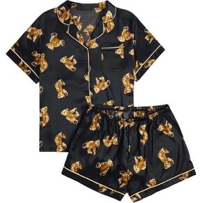 WDIRARA Women's Plus Sleepwear Satin Short Sleeve Shirt and Shorts Pajama Set