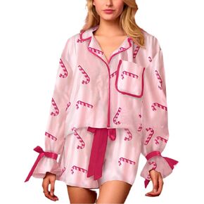 Argeousgor Women Christmas 2 Piece Pajamas Set Bow Tie Button Long Sleeve Shirts Ruffle Shorts Cute Pjs Sets Sleepwear