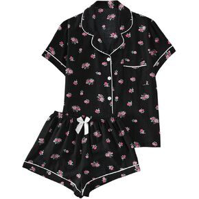 Women's Two Piece Pajama Sets Allover Print Short Sleeve Sleepwear Button Down Shirt and Bow Shorts Pj Set Loungewear