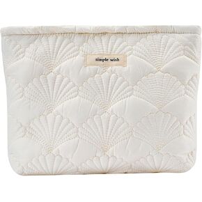 uekeboag White Quilted Cotton Makeup Pouch,Coquette Quilted Toiletry Bag for Women and Girls, Floral Coquette Organizer Bag, Aesthetic Travel Cosmetic Bags(03White Shells)