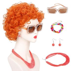 Short Curly Orange Red Cosplay Wig with Sunglasses Jewelry Set for Women Costume Halloween Party