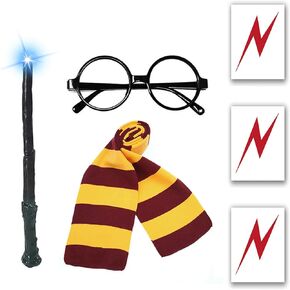 6PCS Halloween Masquerade Party Harry Costumes Accessories, Novelty Glasses×1, Striped Knit Scar×1, Light Wizard Wand×1, Bolt Scar Tattoo×3, Cosplay Party Potter Costumes Accessories