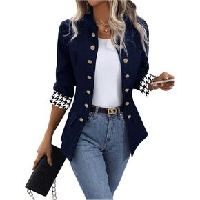Floerns Women's Patchwork Houndstooth 3/4 Sleeve Work Suit Jacket Blazer