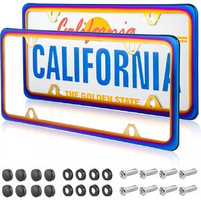 RED WOLF 2Pcs Iridescent Chrome License Plate Frame, Mirror Polish Chameleon Blue License Plate Tag Stainless Steel Bracket Holder Mount on Front Rear Bumper w/Screw Cover Accessories