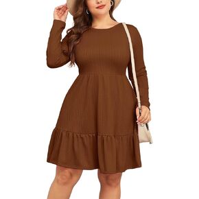 ZOMVA 2024 Winer Women's Plus Size Dress Ribbed Knit Long Sleeve Crew Neck A Line Short Ruffle Hem Sweater Dresses