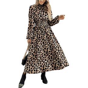 Milumia Women's Leopard Lantern Long Sleeve Shirred Dress Flared Hem A Line Maxi Dresses