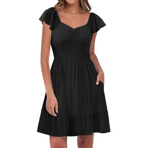 Caracilia Women's Summer Casual Ruffle Sleeve Mini Dress Sweetheart Neckline Boho Flowy Tiered Vacation Beach Short Dresses