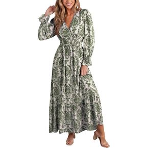 CUPSHE Maxi Dresses for Women V Neck Ruffled Long Sleeve Paisley Smocked Waist A Line Casual Fall Dress